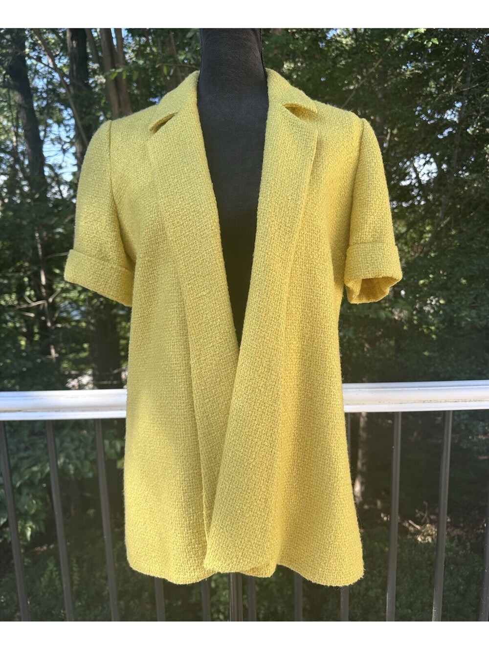 Anthropologie Tabitha Yellow Tweed Blazer Short Sleeve Open Front Wool Size 8